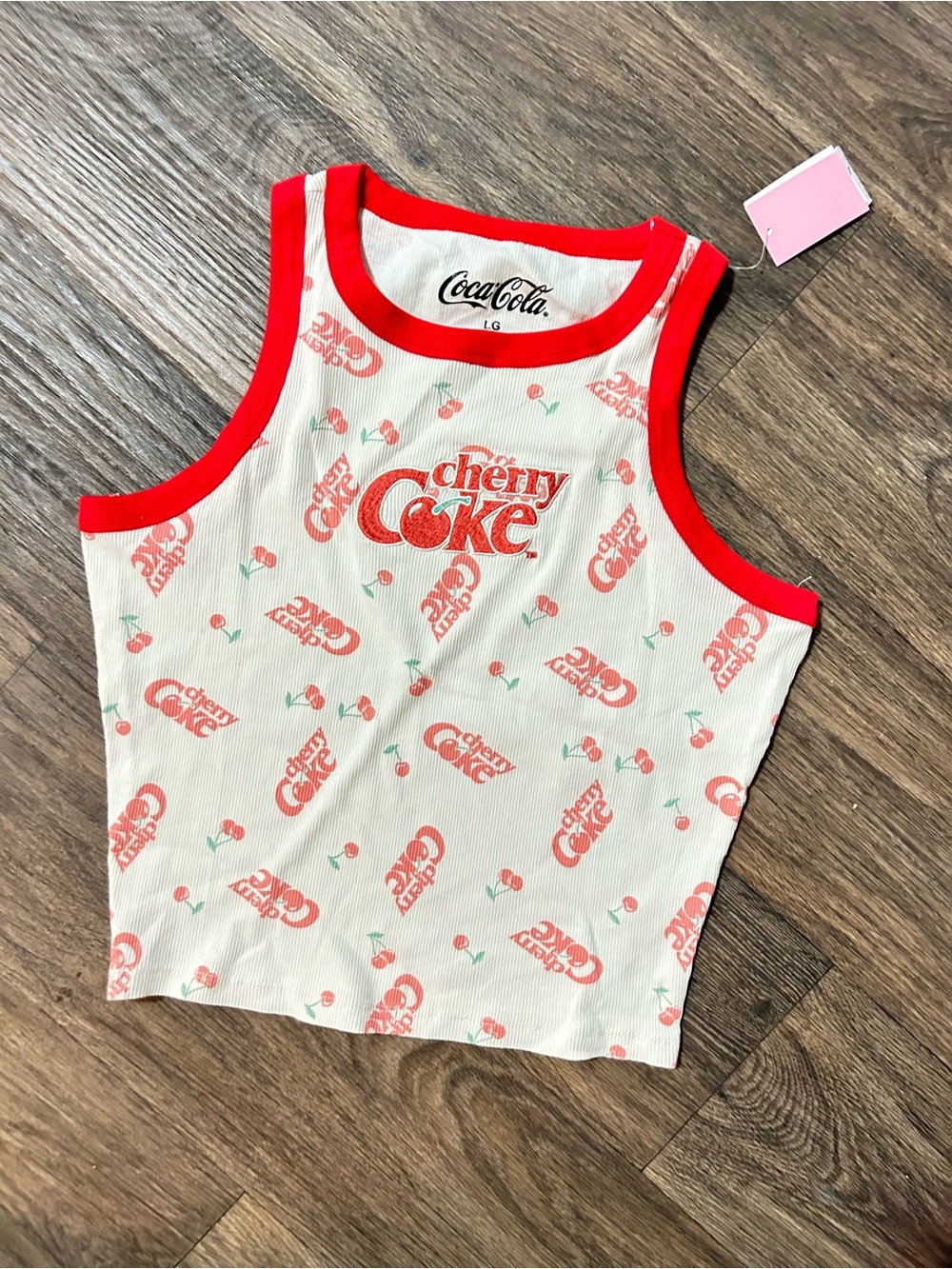 Coca Cola White Tank Top with Red Trim and Cherry Print